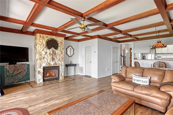 Fireplace, Interior, Living room, Pendant Lights, Wooden Beams, Wood Texture Flooring