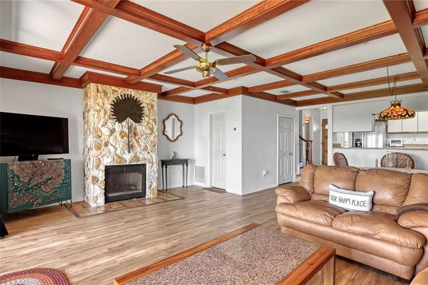 Fireplace, Interior, Living room, Pendant Lights, Wooden Beams, Wood Texture Flooring