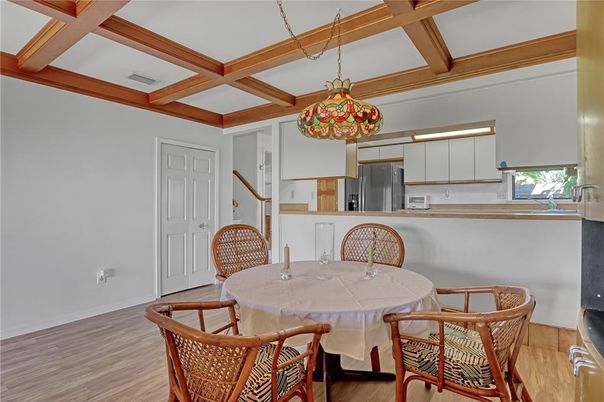 Dining room, Interior, Kitchen, Pendant Lights, Stainless Steel Appliances, Wooden Beams, Wood Texture Flooring