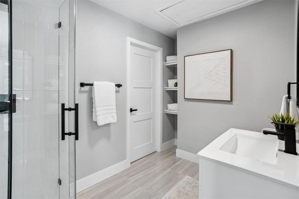 Bathroom, Glass Shower, Interior, Wood Texture Flooring