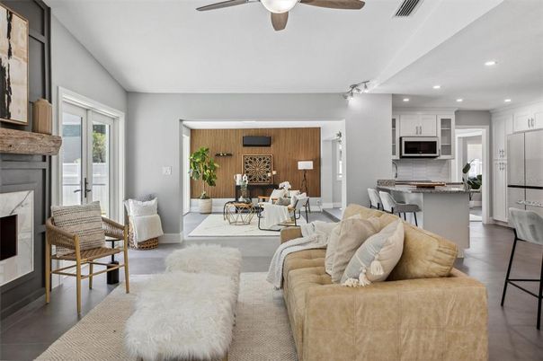 Fireplace, Interior, Kitchen, Living room, Recessed Lighting, Stainless Steel Appliances