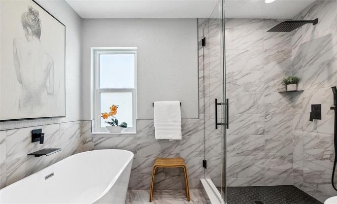 Bathroom, Free Standing Baths, Glass Shower, Interior, Marble, Marble Walls