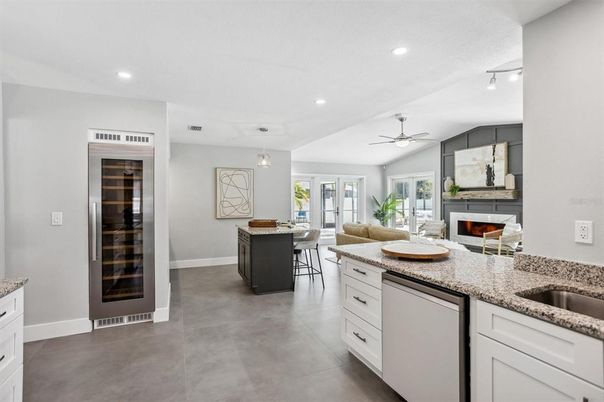 Dining room, Fireplace, Interior, Kitchen, Living room, Pendant Lights, Recessed Lighting