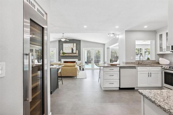 Dining room, Fireplace, Interior, Kitchen, Living room, Recessed Lighting, Stainless Steel Appliances
