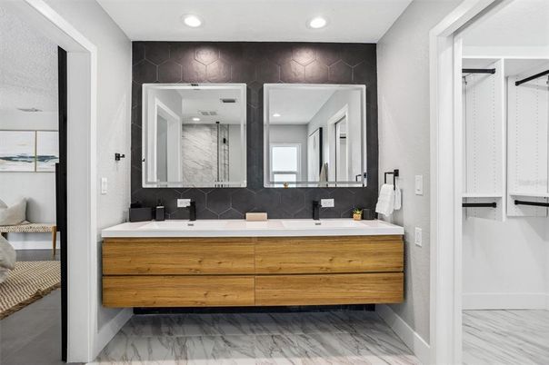Bathroom, Dual Sink Vanities, Interior, Marble, Recessed Lighting