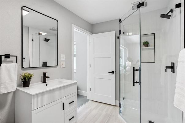 Bathroom, Glass Shower, Interior, Wood Texture Flooring