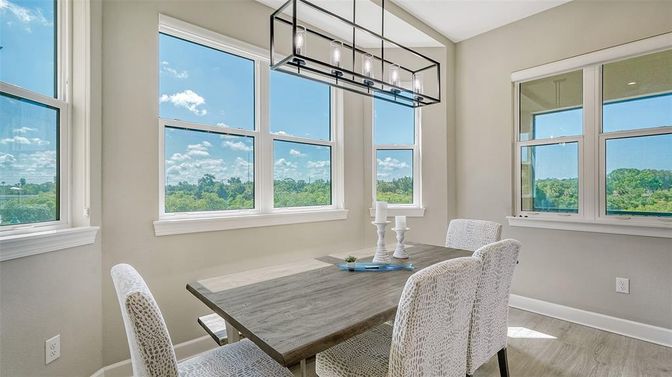 Dining room, Interior, Pendant Lights, Wood Texture Flooring