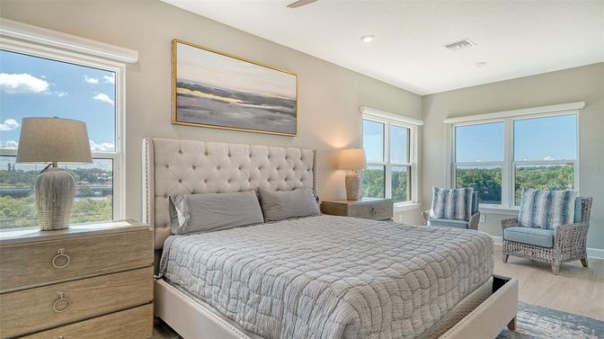 Bedroom, Interior, Recessed Lighting, Wood Texture Flooring