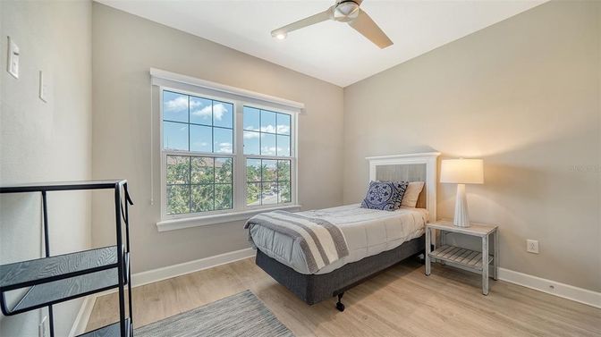Bedroom, Interior, Recessed Lighting, Wood Texture Flooring