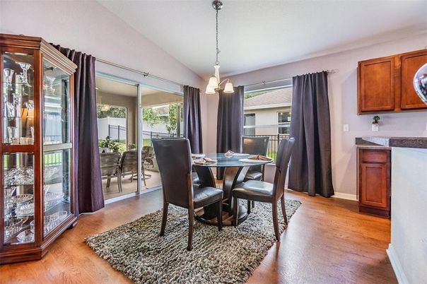 Dining room, Interior, Pendant Lights, Wood Texture Flooring