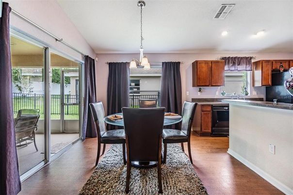 Dining room, Interior, Kitchen, Pendant Lights, Recessed Lighting, Wood Texture Flooring