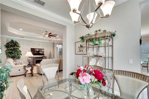 Dining room, Interior, Living room, Pendant Lights, Recessed Lighting, Wood Texture Flooring