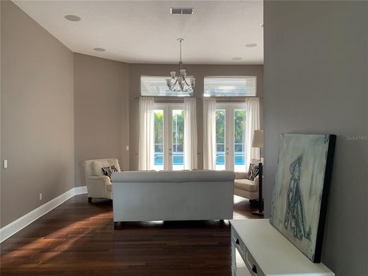 Chandelier, Interior, Living room, Recessed Lighting, Wood Texture Flooring