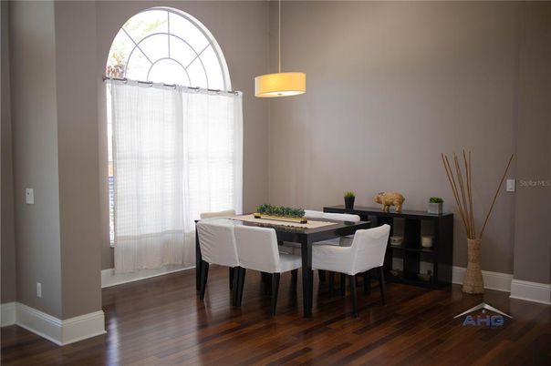 Dining room, Interior, Pendant Lights, Wood Texture Flooring