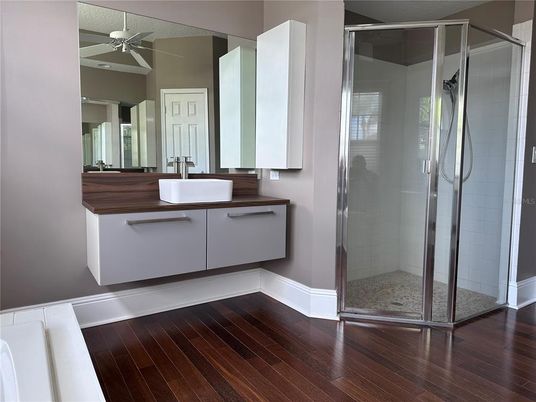 Bathroom, Glass Shower, Interior, Wood Texture Flooring