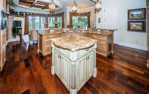 Chandelier, Interior, Kitchen, Pendant Lights, Recessed Lighting, Wooden Beams, Wood Texture Flooring