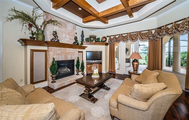 Fireplace, Interior, Living room, Recessed Lighting, Stone Walls, Wooden Beams, Wood Texture Flooring