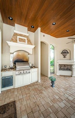 Fireplace, Interior, Recessed Lighting, Wooden Ceilings