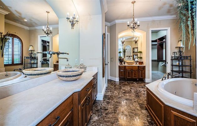 Bathroom, Chandelier, Dual Sink Vanities, Interior, Recessed Lighting