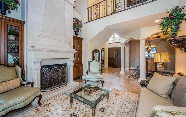 Chandelier, Fireplace, Interior, Living room, Recessed Lighting