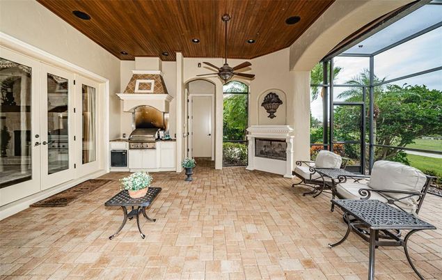 Fireplace, Interior, Recessed Lighting, Sun Room, Wooden Ceilings