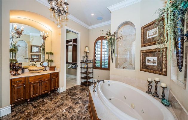 Bathroom, Chandelier, Dual Sink Vanities, Interior, Recessed Lighting