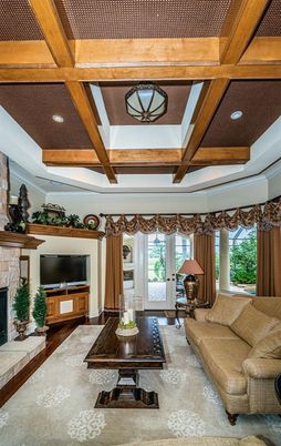 Fireplace, Interior, Living room, Recessed Lighting, Wooden Beams