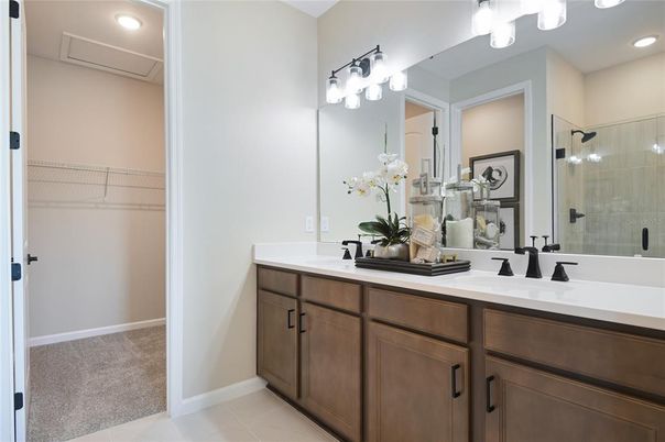 Bathroom, Dual Sink Vanities, Glass Shower, Interior, Recessed Lighting, Walk-in Closets