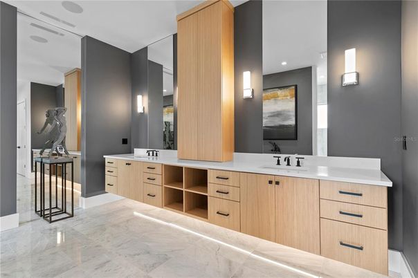 Bathroom, Dual Sink Vanities, Interior, Marble, Recessed Lighting