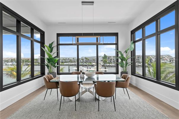 Dining room, Interior, Pendant Lights, Water, Wood Texture Flooring