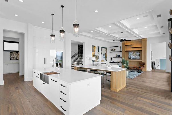 Interior, Kitchen, Living room, Pendant Lights, Recessed Lighting, Wood Texture Flooring