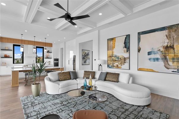 Interior, Living room, Pendant Lights, Recessed Lighting, Wood Texture Flooring