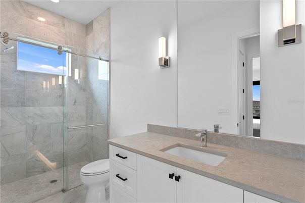Bathroom, Glass Shower, Interior, Marble Walls, Recessed Lighting