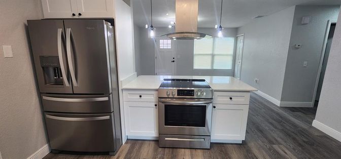 Interior, Kitchen, Pendant Lights, Stainless Steel Appliances, Wood Texture Flooring
