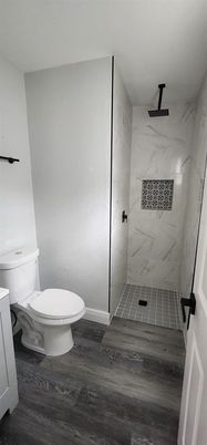 Bathroom, Interior, Marble Walls, Wood Texture Flooring