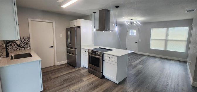 Interior, Kitchen, Pendant Lights, Stainless Steel Appliances, Wood Texture Flooring