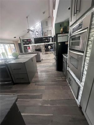 Fireplace, Interior, Kitchen, Wood Texture Flooring