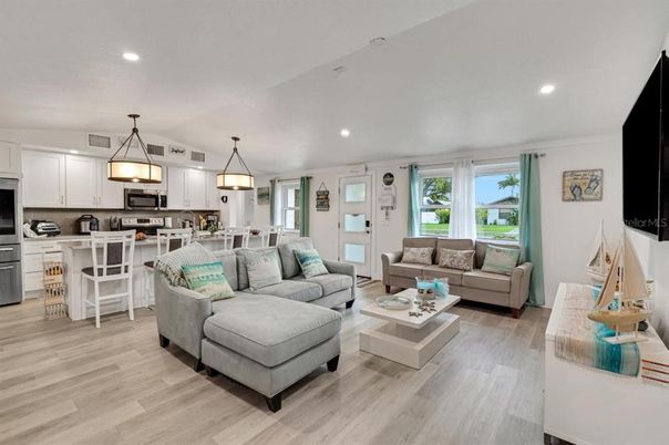 Interior, Kitchen, Living room, Pendant Lights, Recessed Lighting, Stainless Steel Appliances, Wood Texture Flooring