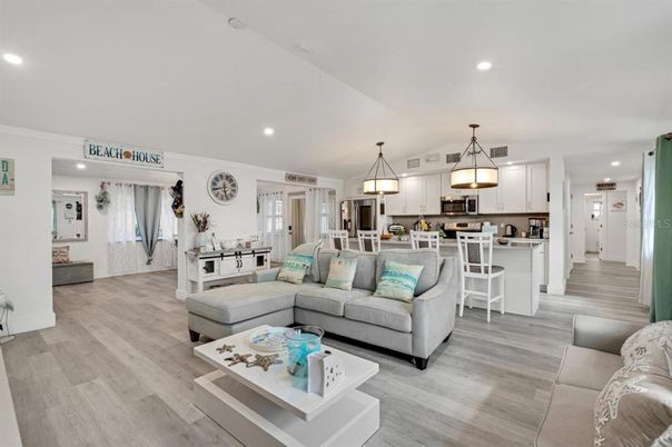 Dining room, Interior, Kitchen, Living room, Pendant Lights, Recessed Lighting, Wood Texture Flooring