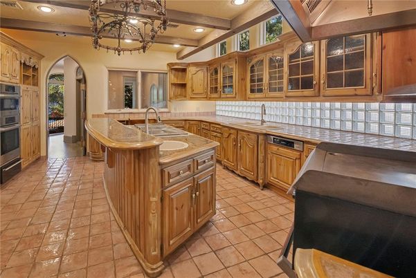 Chandelier, Interior, Kitchen, Recessed Lighting, Stainless Steel Appliances, Wooden Beams