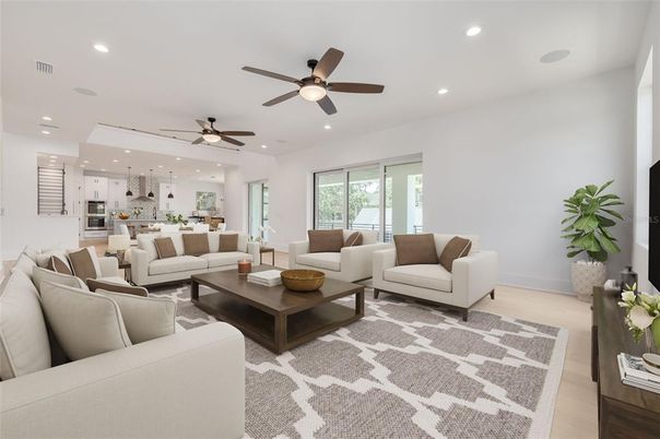 Interior, Kitchen, Living room, Recessed Lighting, Stainless Steel Appliances, Wood Texture Flooring