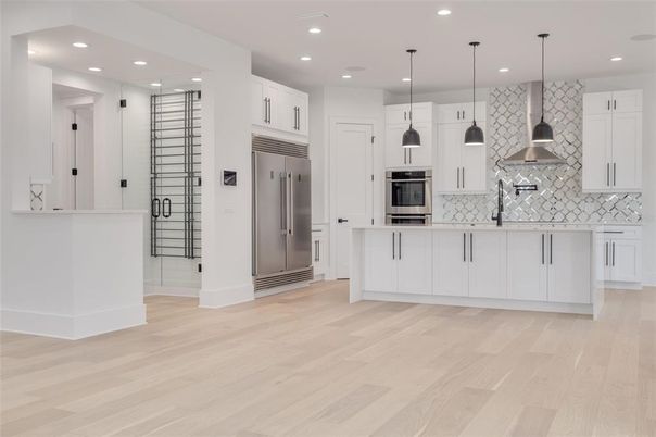 Interior, Kitchen, Pendant Lights, Recessed Lighting, Stainless Steel Appliances, Wood Texture Flooring