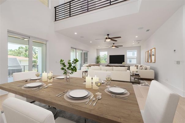 Dining room, Interior, Living room, Recessed Lighting, Wood Texture Flooring