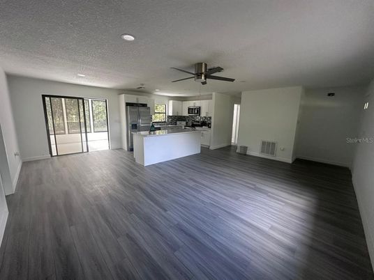 Empty room, Interior, Kitchen, Recessed Lighting, Wood Texture Flooring