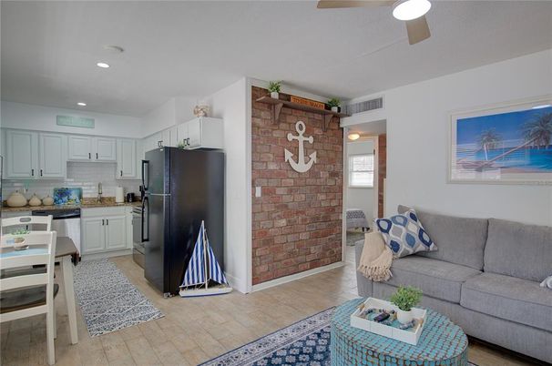 Interior, Kitchen, Living room, Recessed Lighting, Stone Walls, Wood Texture Flooring