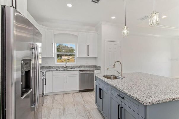 Interior, Kitchen, Marble, Pendant Lights, Recessed Lighting, Stainless Steel Appliances
