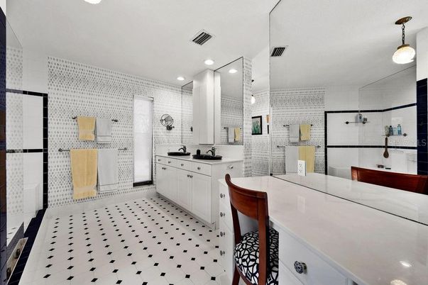 Bathroom, Dual Sink Vanities, Interior, Pendant Lights, Recessed Lighting