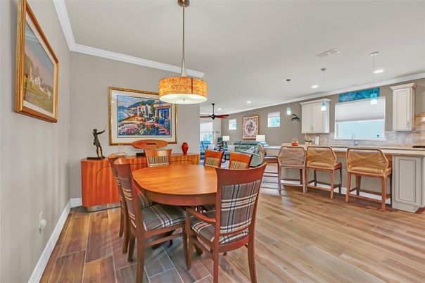 Dining room, Interior, Pendant Lights, Recessed Lighting, Wood Texture Flooring