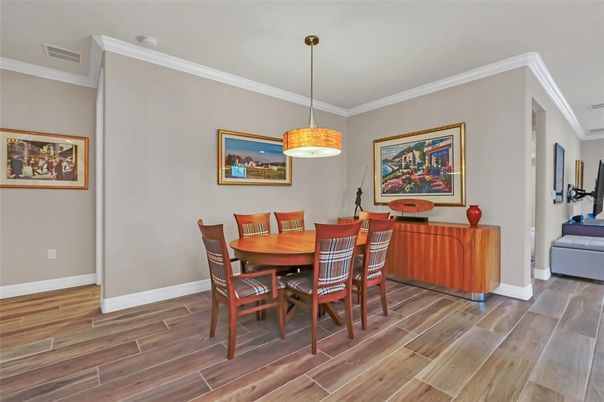 Dining room, Interior, Pendant Lights, Wood Texture Flooring