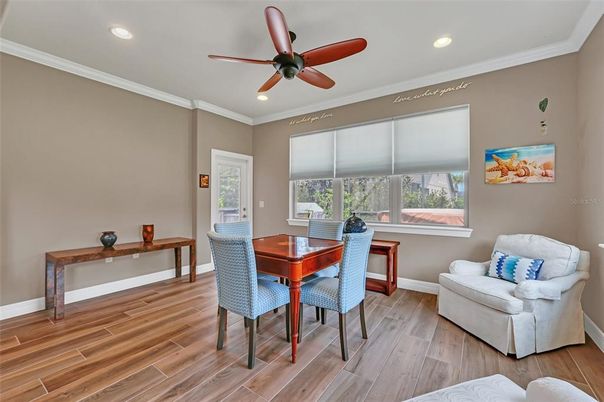 Dining room, Interior, Recessed Lighting, Wood Texture Flooring